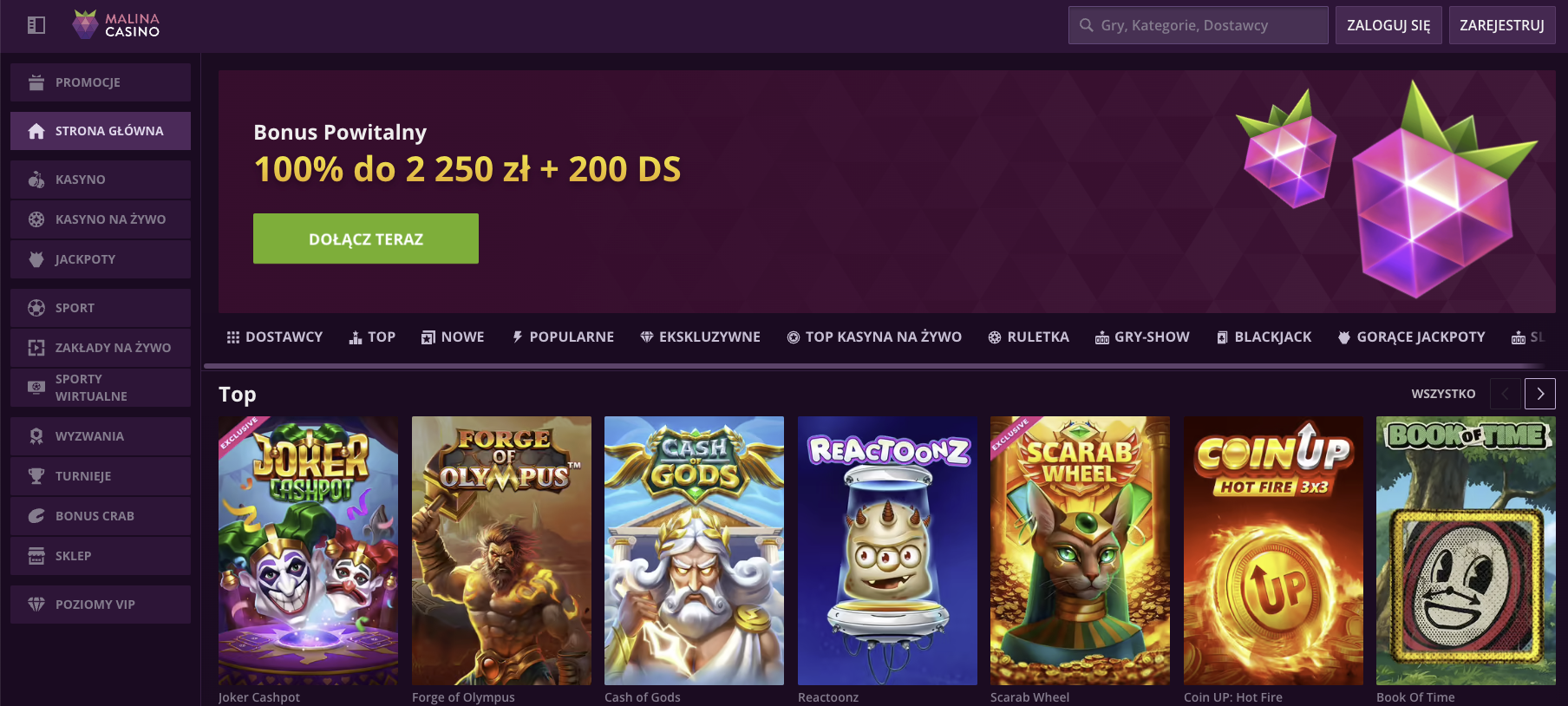 Malina Casino, kasyno online strona główna