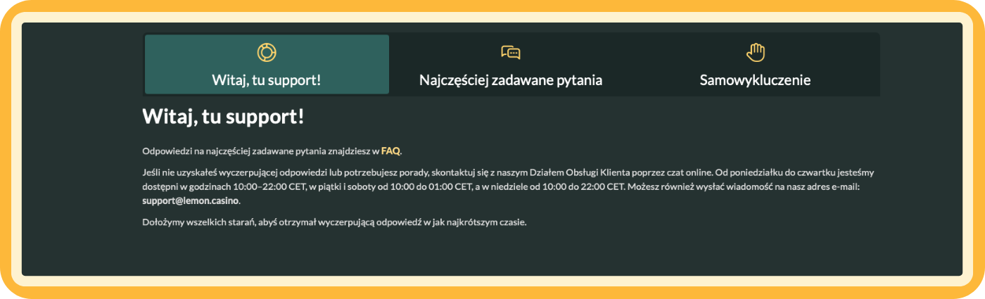Lemon Casino – kontakt i obsługa klienta Kontakt z Lemon Casino – bezpieczna i odpowiedzialna obsługa klienta, zapewniająca szybkie wsparcie i rzetelną pomoc dla graczy.