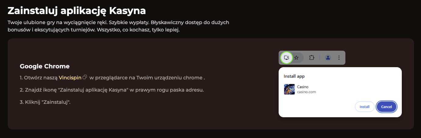 Aplikacja mobilna VinciSpin Casino – Graj w swoje ulubione sloty, gry stołowe i kasyno na żywo na telefonie i tablecie. Pobierz i ciesz się grą gdziekolwiek jesteś!