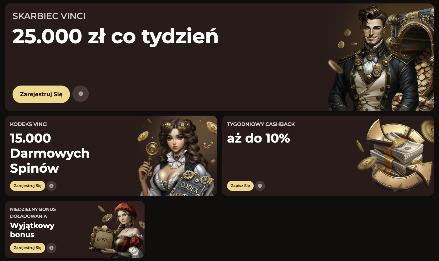 VinciSpin Casino – Najlepsze bonusy kasynowe! Odbierz bonus powitalny, darmowe spiny i wyjątkowe promocje na topowe gry!