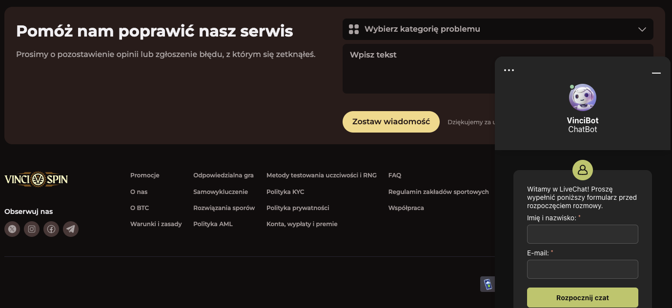 Obsługa klienta VinciSpin Casino – Szybka i profesjonalna pomoc przez czat na żywo, chatbot i e-mail. Wsparcie dostępne 24/7!
