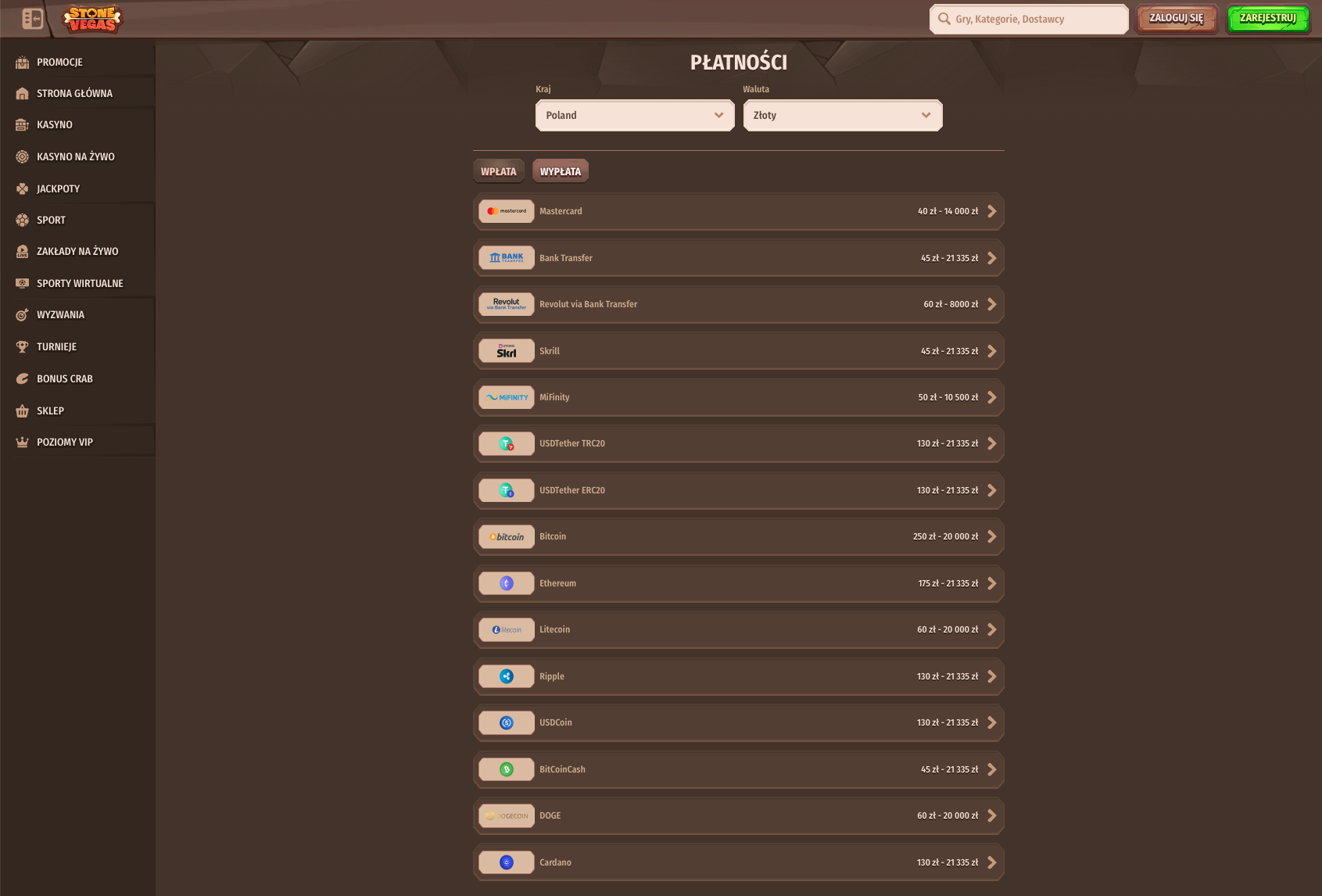 StoneVegas Casino – dostępne metody płatności, w tym Visa, Mastercard, Skrill, Neteller i inne