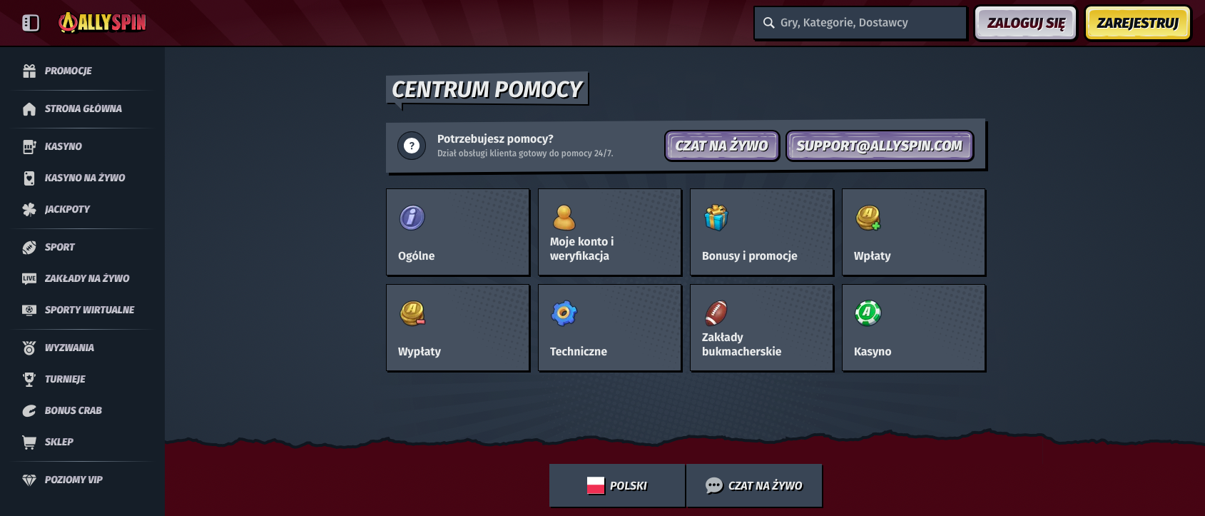 Centrum pomocy w AllySpin – czat na żywo, e-mail i sekcja FAQ dla graczy