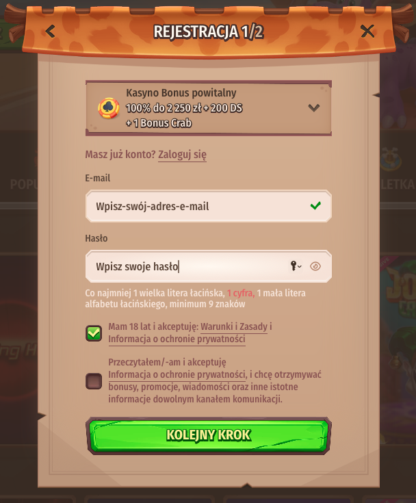 Rejestrując się w Stonevegas Casino, potwierdź, że masz ukończone 18 lat