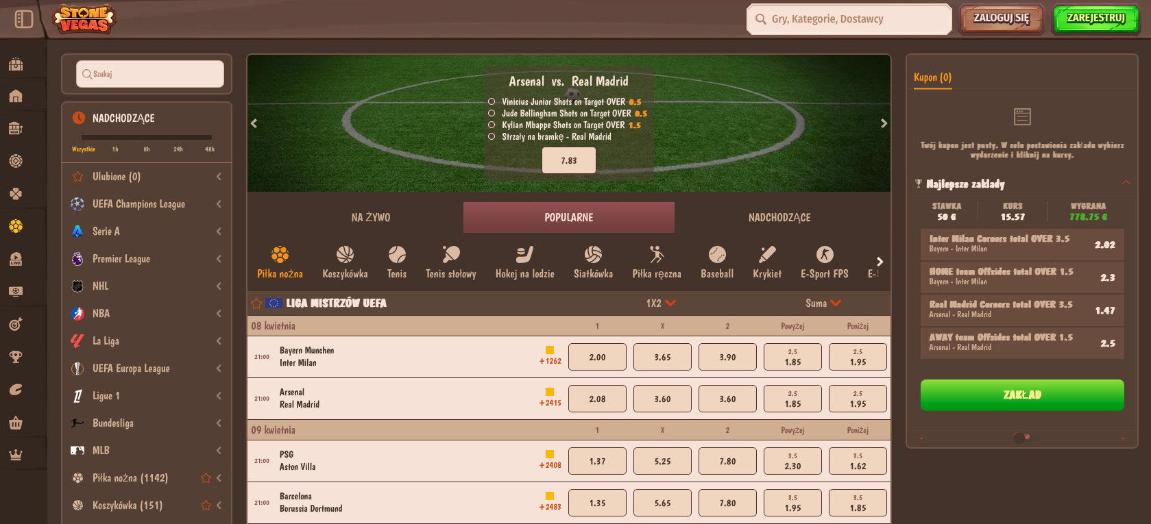 Sekcja zakładów sportowych w StoneVegas – kursy na piłkę nożną, tenis, koszykówkę i inne dyscypliny