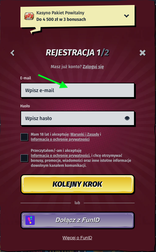 Wpisz swój adres e-mail podczas rejestracji w Allyspin Casino
