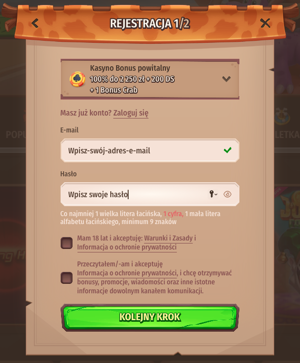 Wpisz swoje hasło podczas rejestracji w Stonevegas Casino