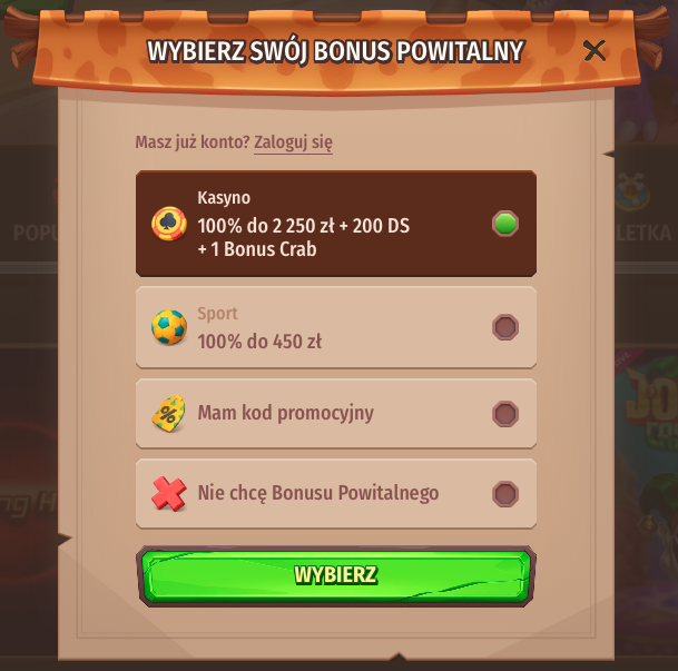 Wybierz bonus i kontynuuj rejestrację w Stonevegas Casino