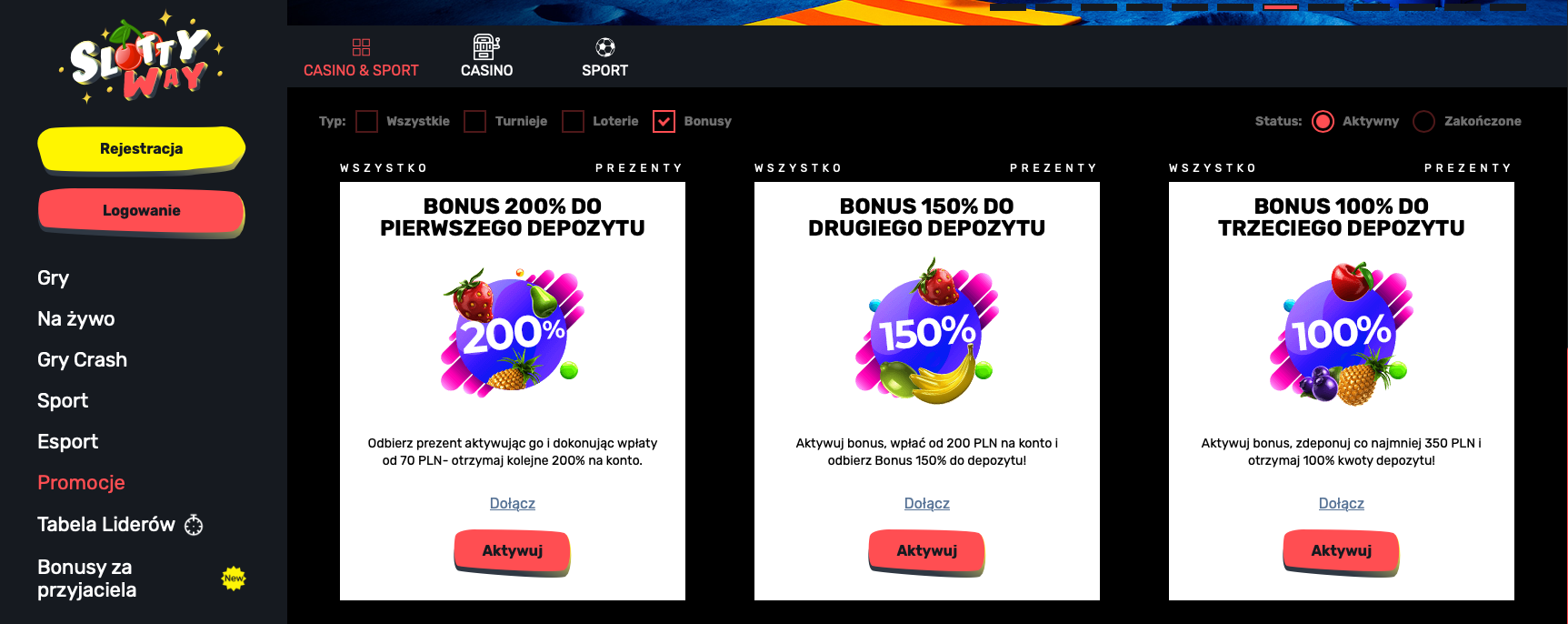 Bonus powitalny w Slottyway Casino – 200 % od pierwszego depozytu, 150 % od drugiego i 100 % od trzeciego depozytu.