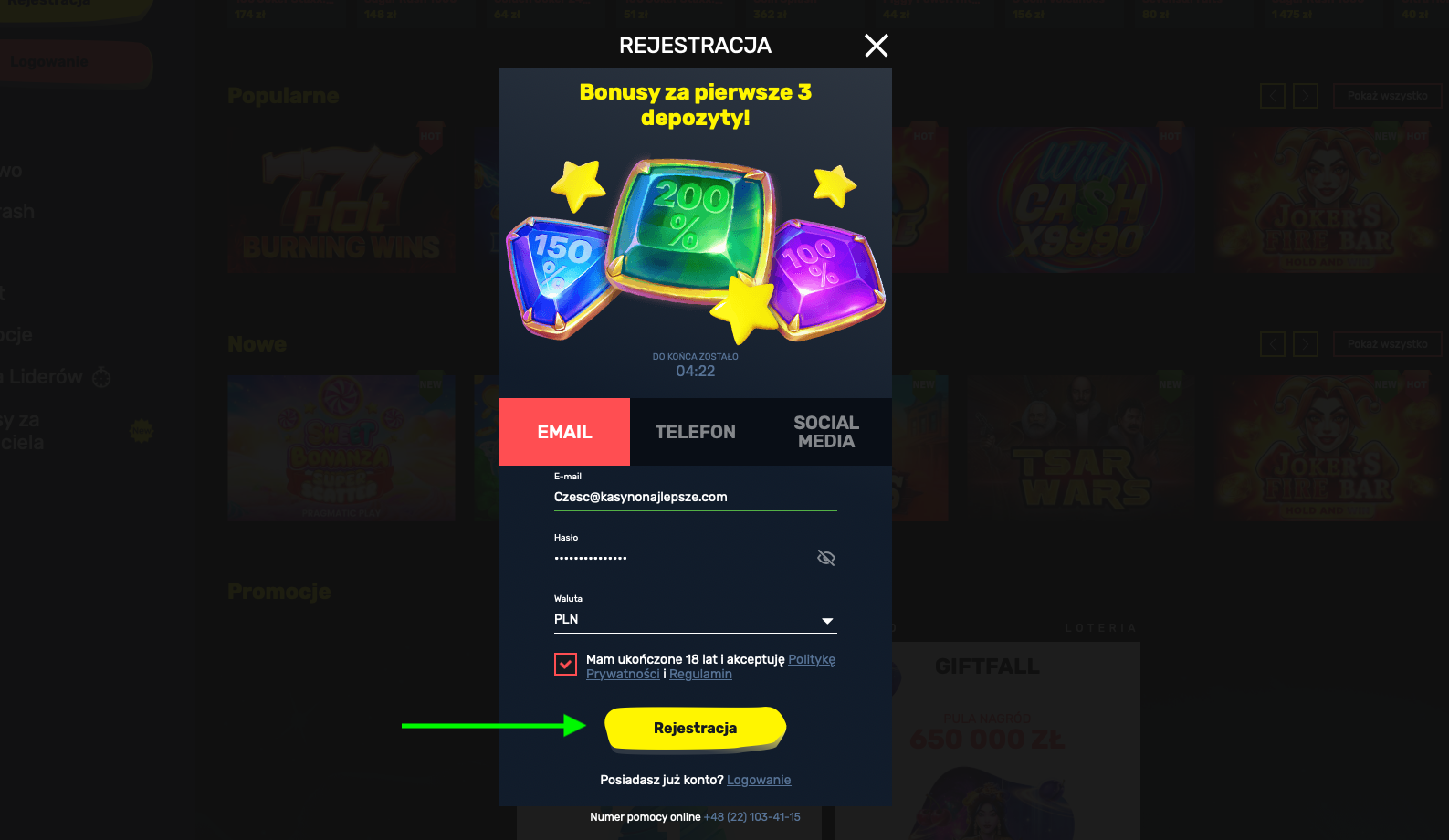 Okno rejestracji w Slottyway Casino, gdzie gracz klika przycisk Rejestracja, aby zakończyć proces zakładania konta.