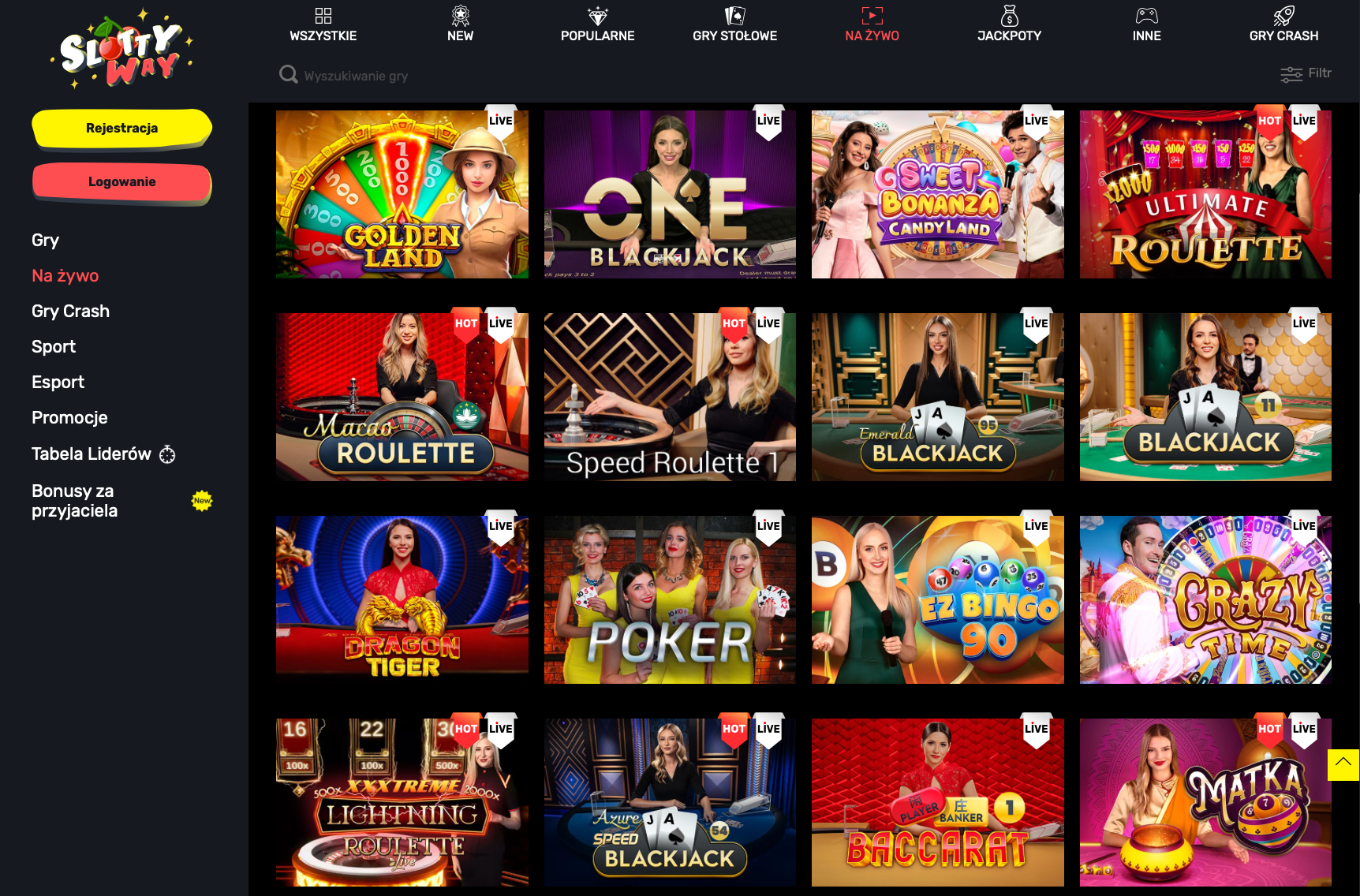 Kasyno na żywo w Slottyway Casino z grami stołowymi jak ruletka, blackjack, baccarat oraz popularnymi show jak Crazy Time