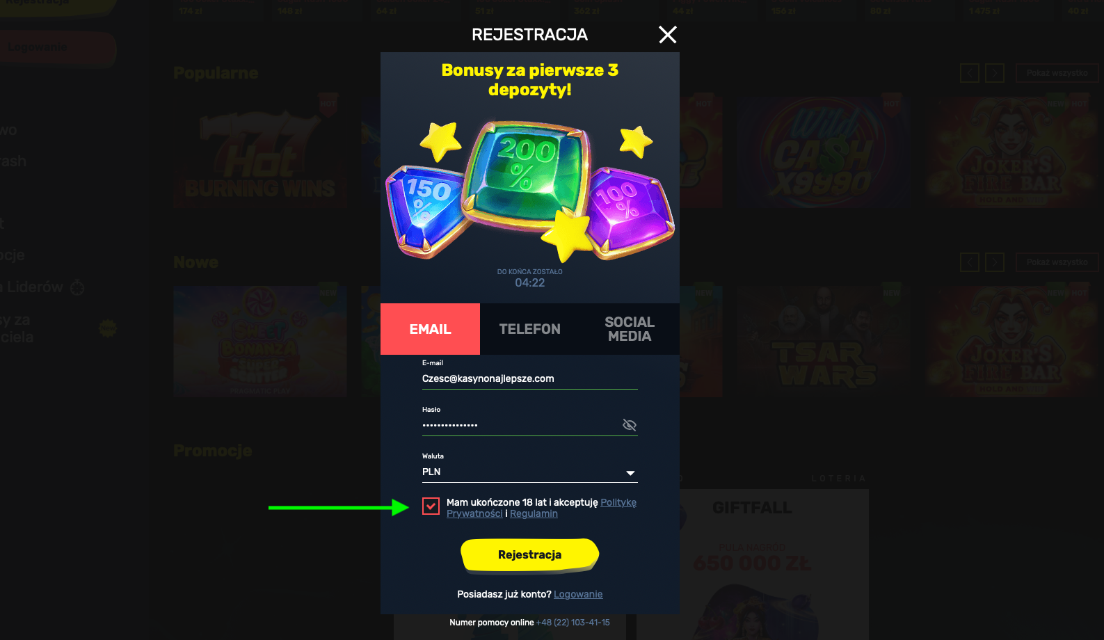 Rejestracja w Slottyway Casino, gdzie gracz potwierdza ukończenie 18 lat i akceptuje regulamin, aby utworzyć konto.