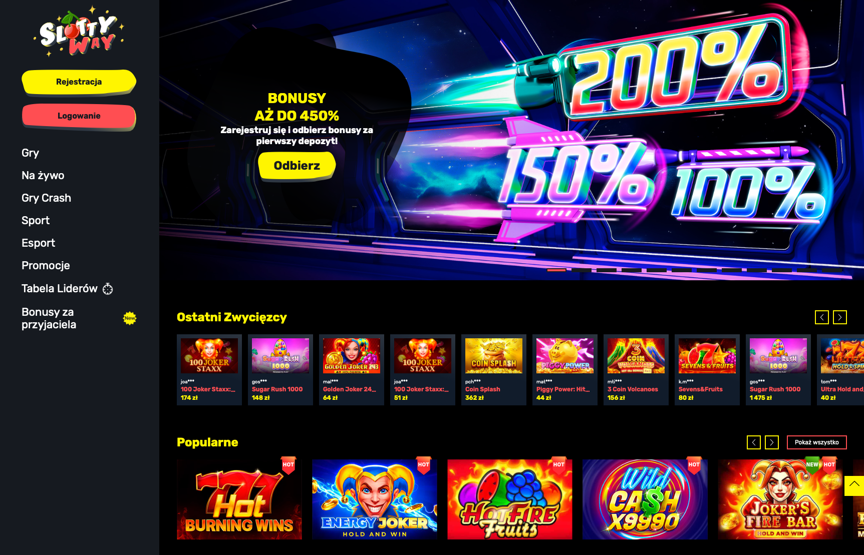 Ekran startowy Slottyway Casino prezentujący bonusy dla nowych graczy oraz ostatnich zwycięzców.