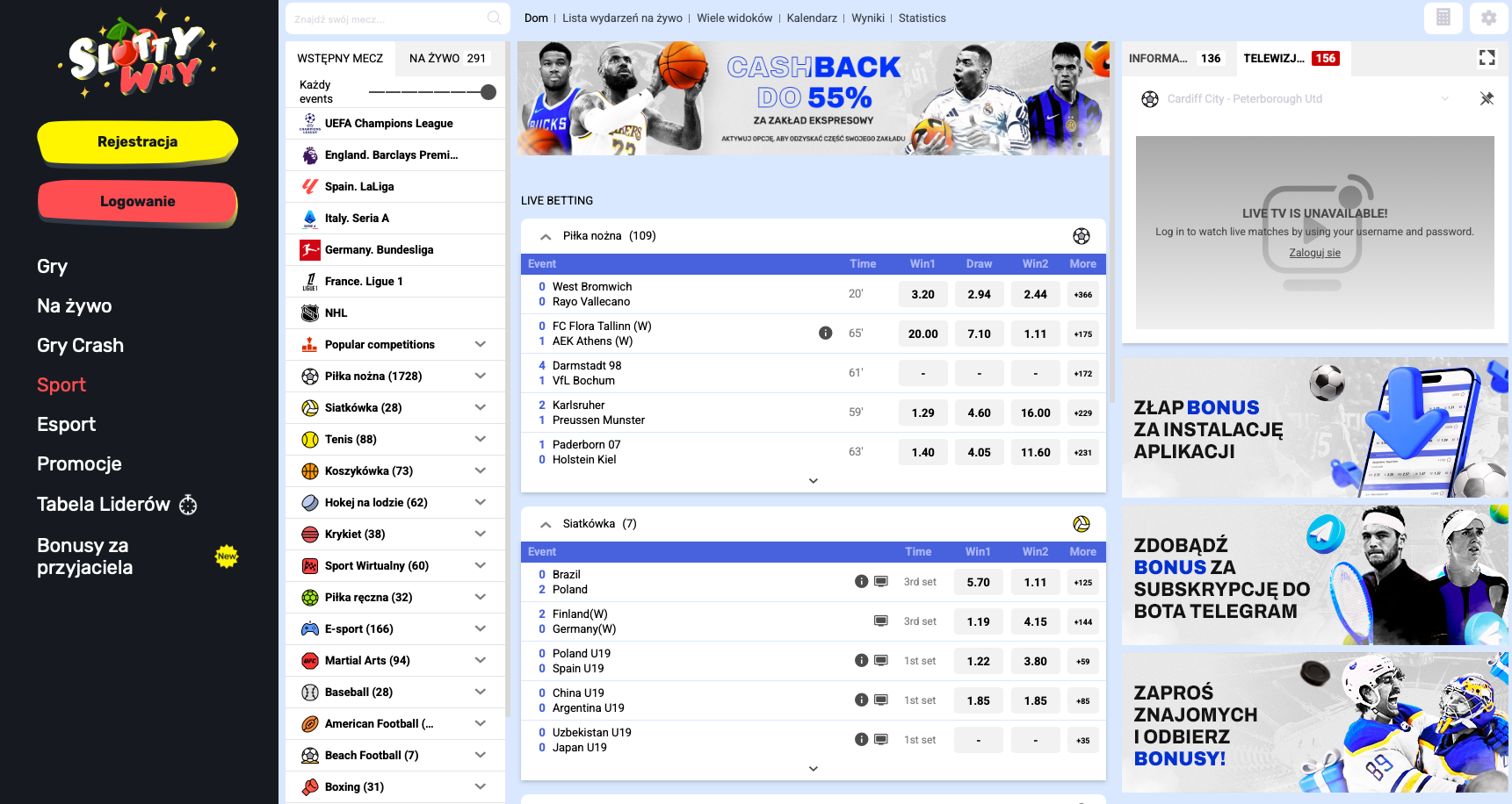 Sekcja zakładów sportowych w Slottyway Casino z live bettingiem na piłkę nożną, tenis, koszykówkę, e-sport i inne dyscypliny.