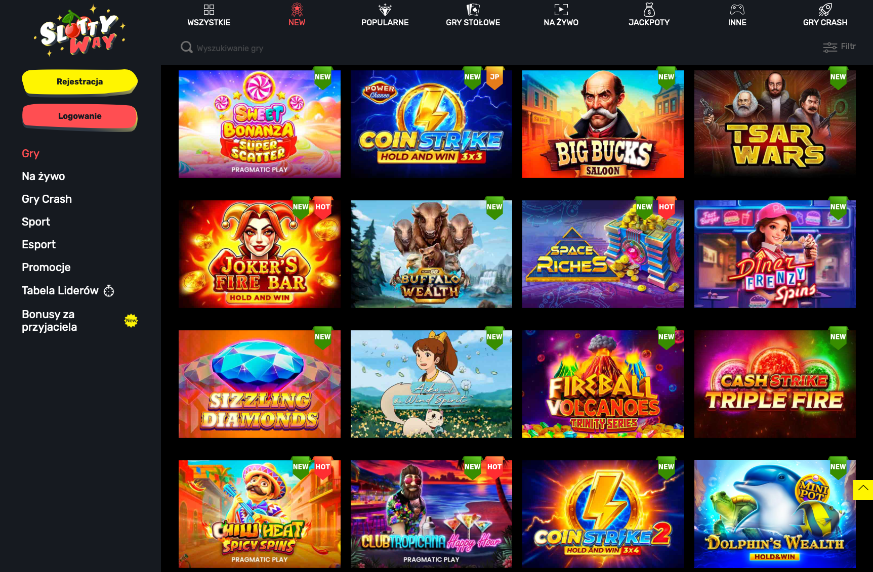 Strona automatów w Slottyway Casino z popularnymi grami jak Sweet Bonanza, Joker’s Fire Bar, Tsar Wars i Buffalo Wealth.