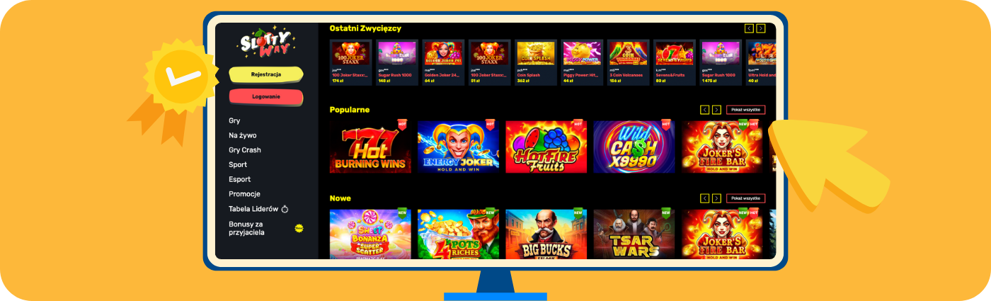 Slottyway Casino na ekranie komputera z ostatnimi zwycięzcami oraz popularnymi automatami jak Hot Burning Wins i Joker’s Fire Bar.