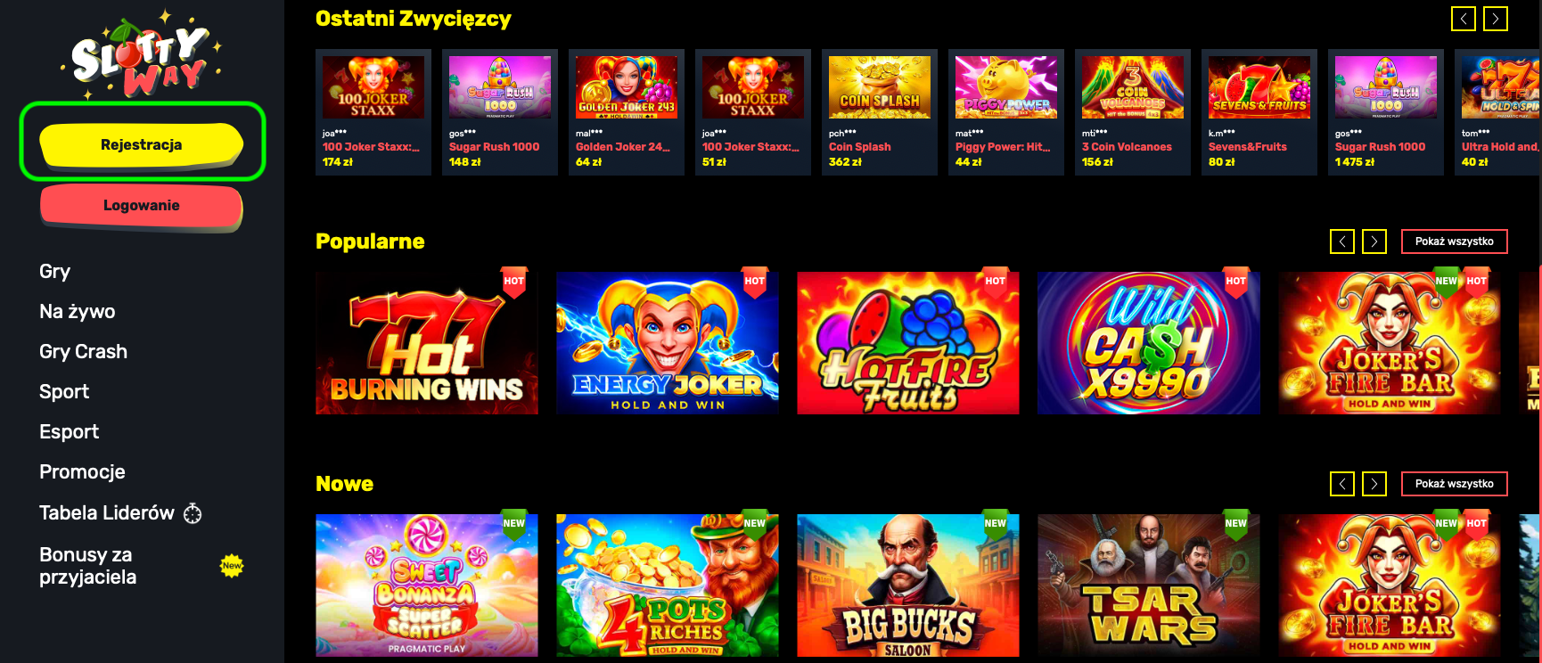 Strona rejestracji w Slottyway Casino z menu, ostatnimi zwycięzcami, popularnymi slotami jak Hot Burning Wins i nowymi grami jak Tsar Wars.