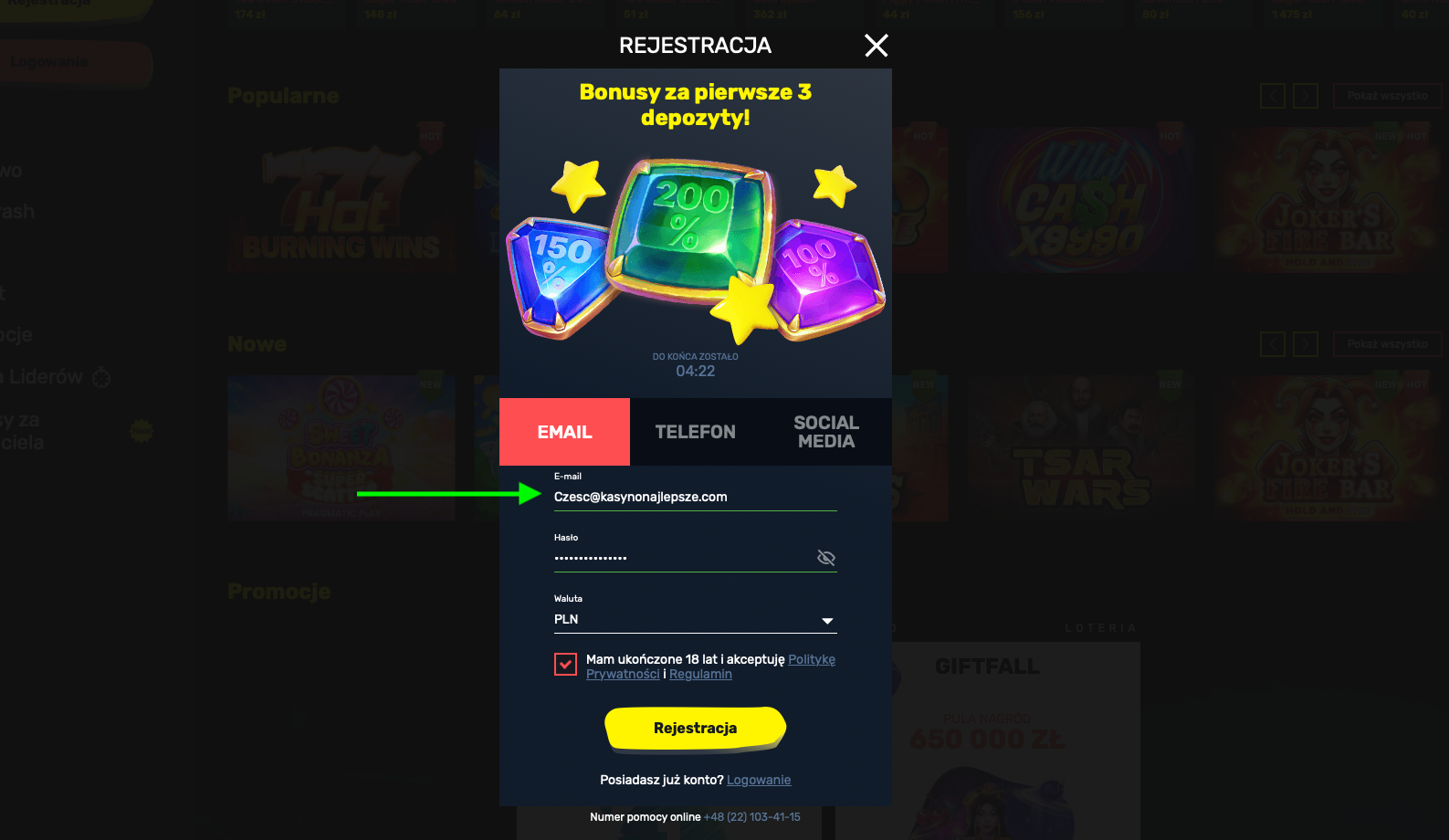 Okno rejestracji w Slottyway Casino, gdzie gracz podaje e-mail i hasło, aby utworzyć konto i odebrać bonusy.