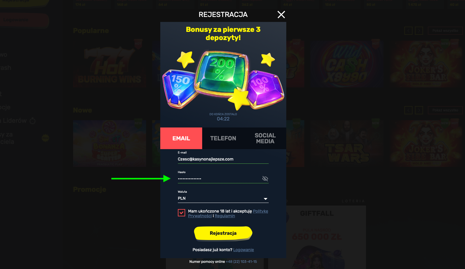 Okno rejestracji w Slottyway Casino, gdzie gracz wpisuje hasło, aby utworzyć konto i aktywować bonus powitalny.