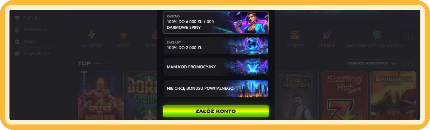 Krok 1 zakładania konta w MadCasino – wybierz bonus powitalny lub wpisz kod promocyjny, aby bezpiecznie i odpowiedzialnie rozpocząć proces tworzenia konta z pełną kontrolą nad ustawieniami.