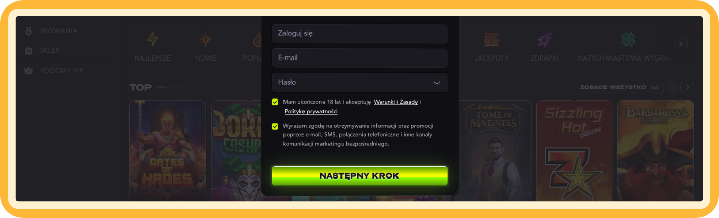 Krok 2 zakładania konta w MadCasino – wpisz swój adres e-mail, utwórz hasło i potwierdź ukończenie 18 lat, aby bezpiecznie i odpowiedzialnie kontynuować proces rejestracji z pełną kontrolą nad danymi.