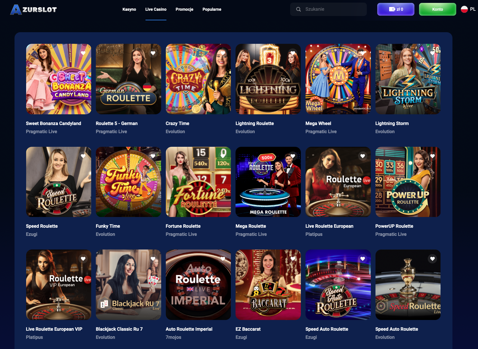 Kasyno na żywo w AzurSlot Casino z grami takimi jak Sweet Bonanza Candyland, Crazy Time, Lightning Roulette i Mega Wheel.