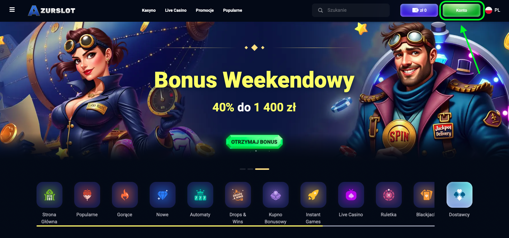 Jak założyć konto w AzurSlot Casino – rozpocznij od wybrania opcji Konto w prawym górnym rogu