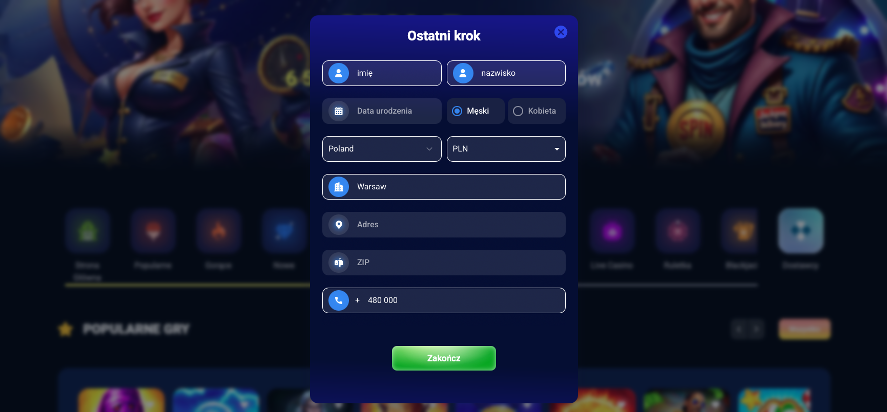 Rejestracja w AzurSlot Casino krok 3 – wpisz imię, nazwisko, datę urodzenia, płeć, adres i numer telefonu, aby zakończyć proces.