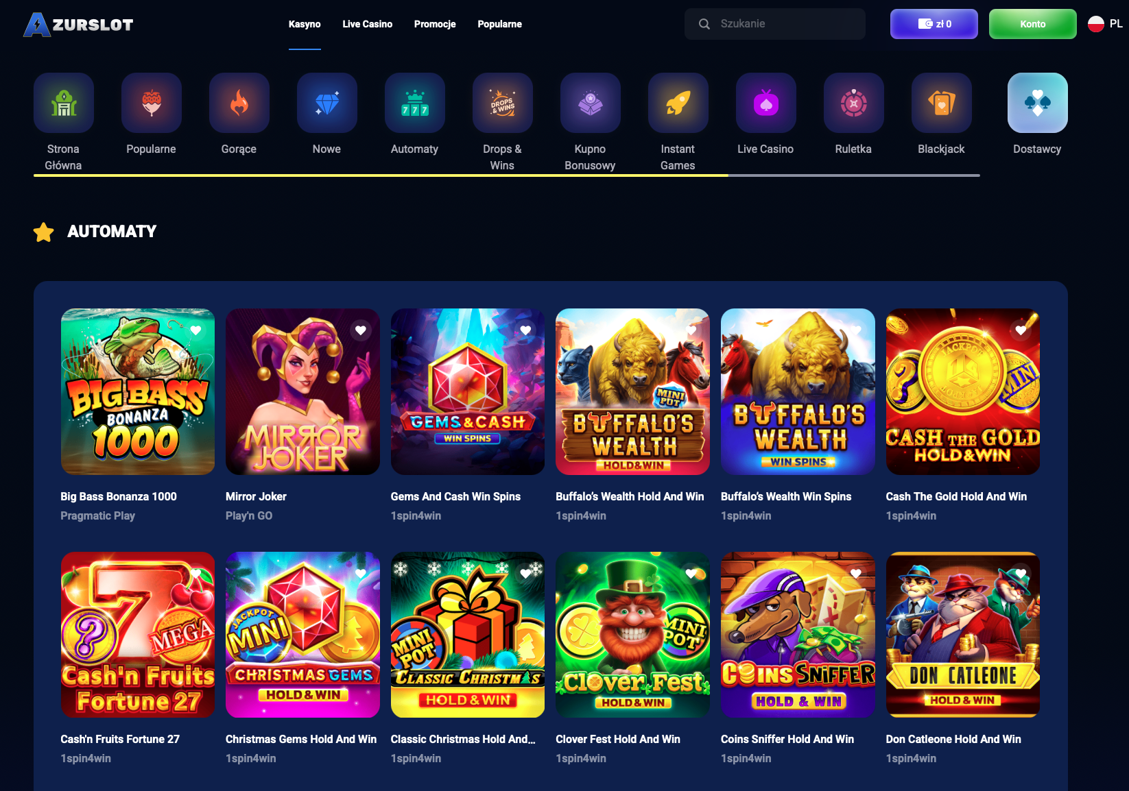 Sloty w AzurSlot Casino – popularne automaty jak Big Bass Bonanza 1000, Mirror Joker i Buffalo’s Wealth.