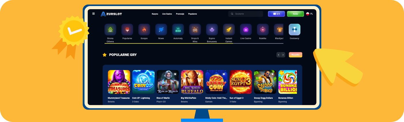 Strona główna AzurSlot Casino z ciemnym motywem, intuicyjną nawigacją i popularnymi grami jak Bonanza Billion czy Sun of Egypt 3.