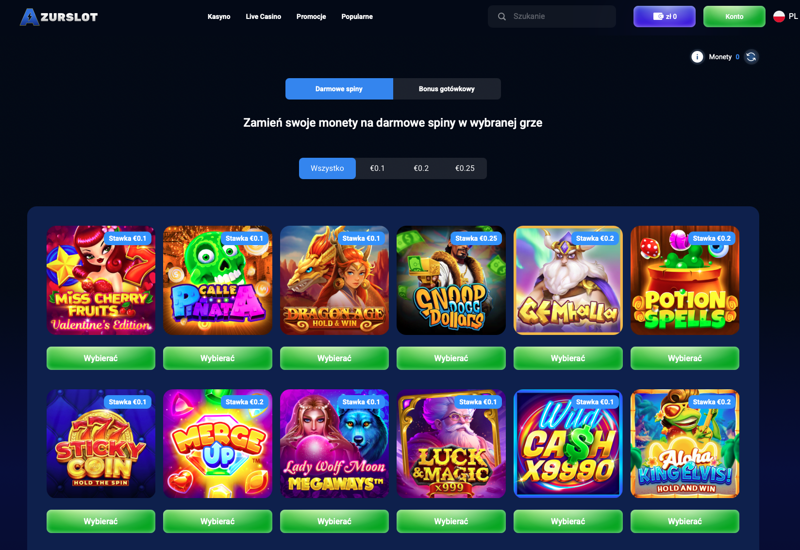 Strona darmowych spinów w AzurSlot Casino – wymień monety na free spiny w grach jak Snoop Dogg Dollars i Miss Cherry Fruits.