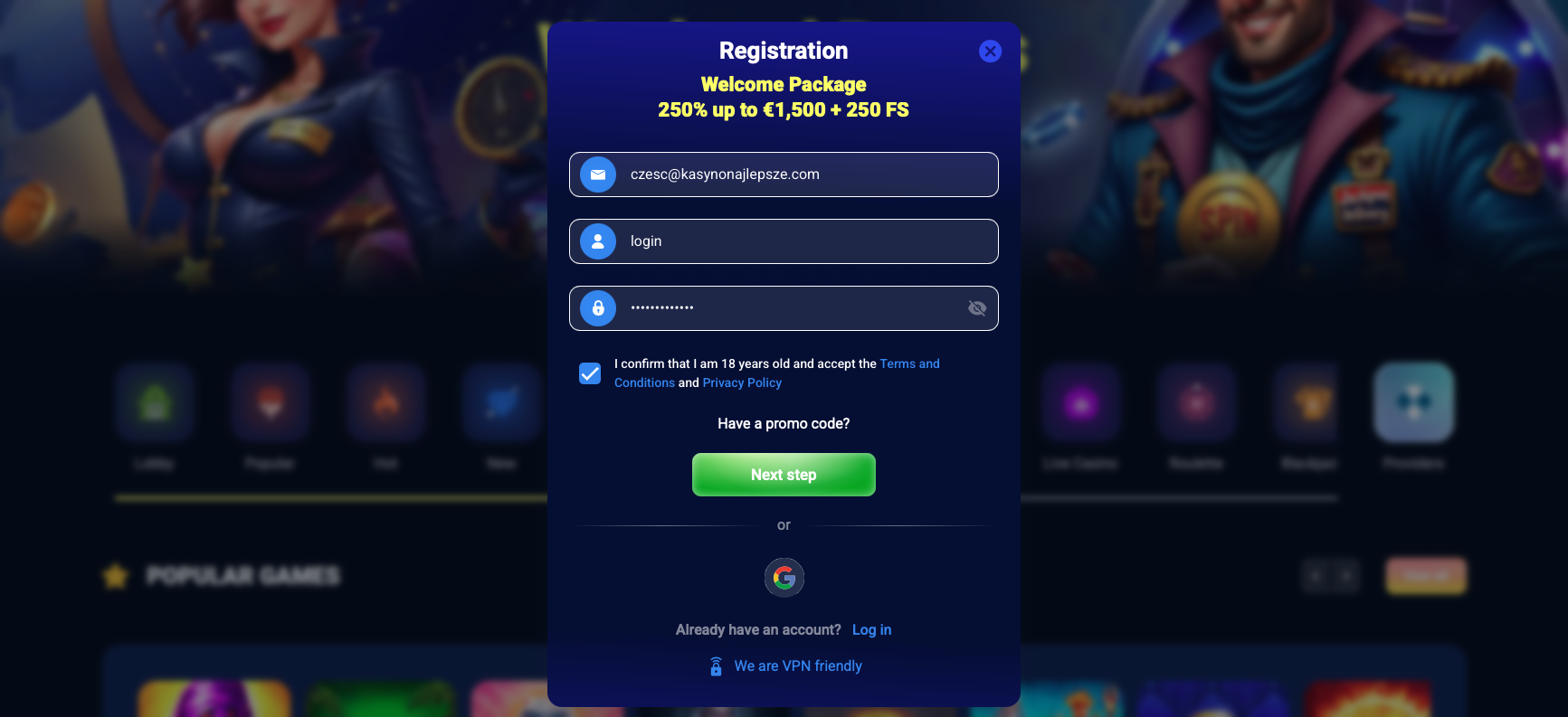 Rejestracja w AzurSlot Casino krok 2 – wpisz adres e-mail, nazwę użytkownika i hasło oraz zaakceptuj regulamin.