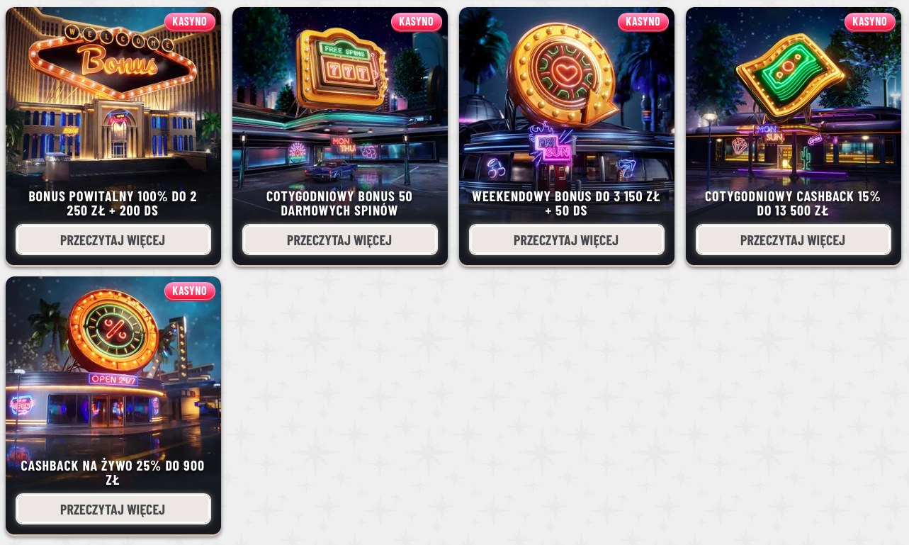 Strona promocyjna kasyna WYNZ prezentująca aktualne oferty, w tym bonus powitalny do 2 250 zł + 200 darmowych spinów, cotygodniowe bonusy, cashback i weekendowe promocje.