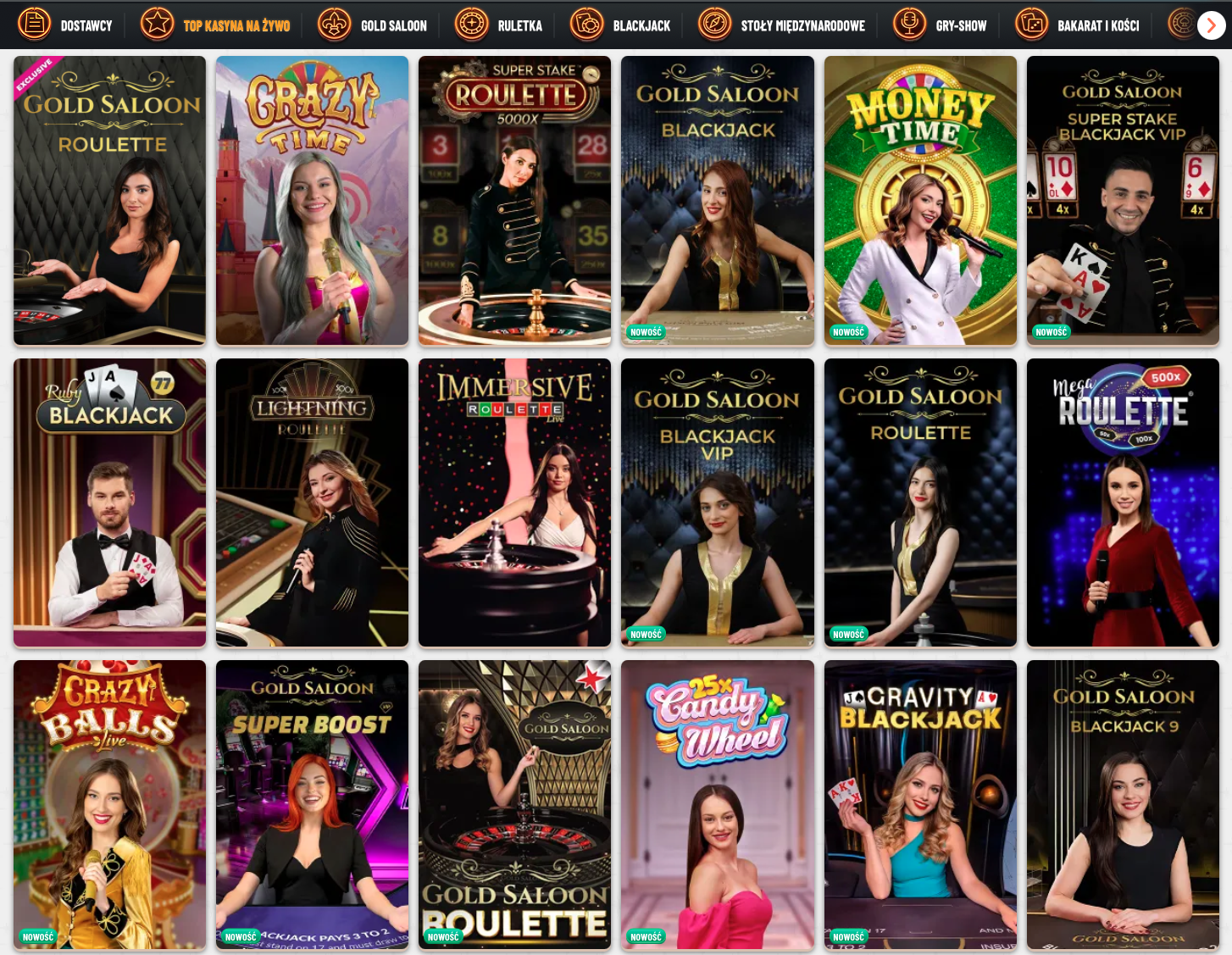 Kasyno na żywo w WYNZ z popularnymi grami, takimi jak Gold Saloon Roulette, Crazy Time, Blackjack VIP i Money Time, prowadzonymi przez profesjonalnych krupierów na żywo.