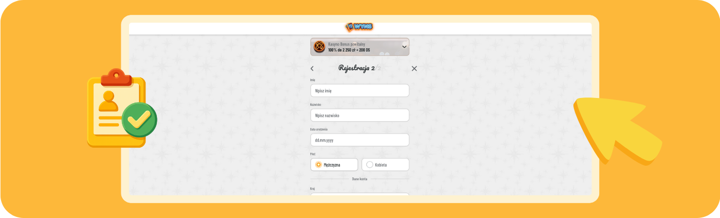 Krok 3 rejestracji w kasynie WYNZ – podaj swoje dane osobowe, takie jak imię, nazwisko, data urodzenia i płeć, aby zakończyć rejestrację.