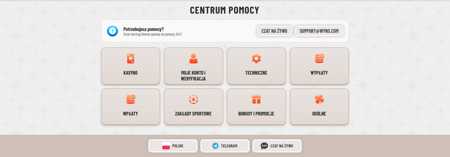 Centrum pomocy kasyna WYNZ z całodobowym wsparciem klienta oraz kategoriami pomocy, takimi jak weryfikacja konta, wpłaty, wypłaty, bonusy, pomoc techniczna i zakłady sportowe.