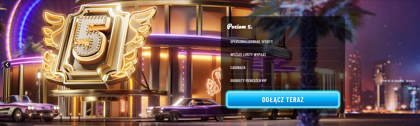 Poziom 5 programu VIP w kasynie WYNZ z ekskluzywnymi korzyściami, takimi jak spersonalizowane oferty, wyższe limity wypłat, cashback i osobisty menedżer VIP.