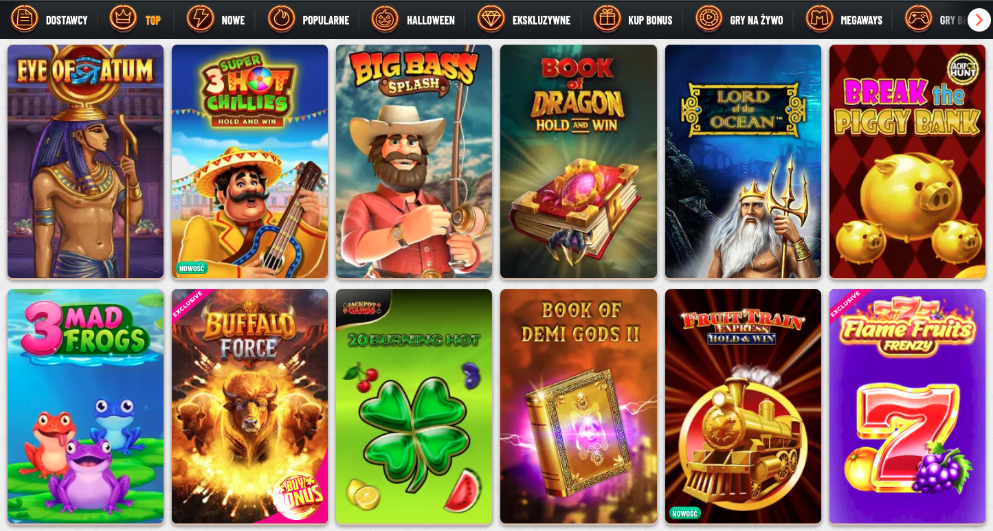 Wybór popularnych automatów w kasynie WYNZ, w tym takie tytuły jak Eye of Atum, Big Bass Splash, Book of Dragon, Lord of the Ocean i Flame Fruits Frenzy.