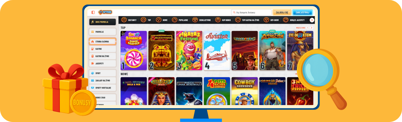Strona główna kasyna WYNZ przedstawiająca popularne automaty, takie jak Sweet Bonanza, Piñata Masters i Aviator, wraz z pakietem bonusów i paskiem wyszukiwania w menu głównym.
