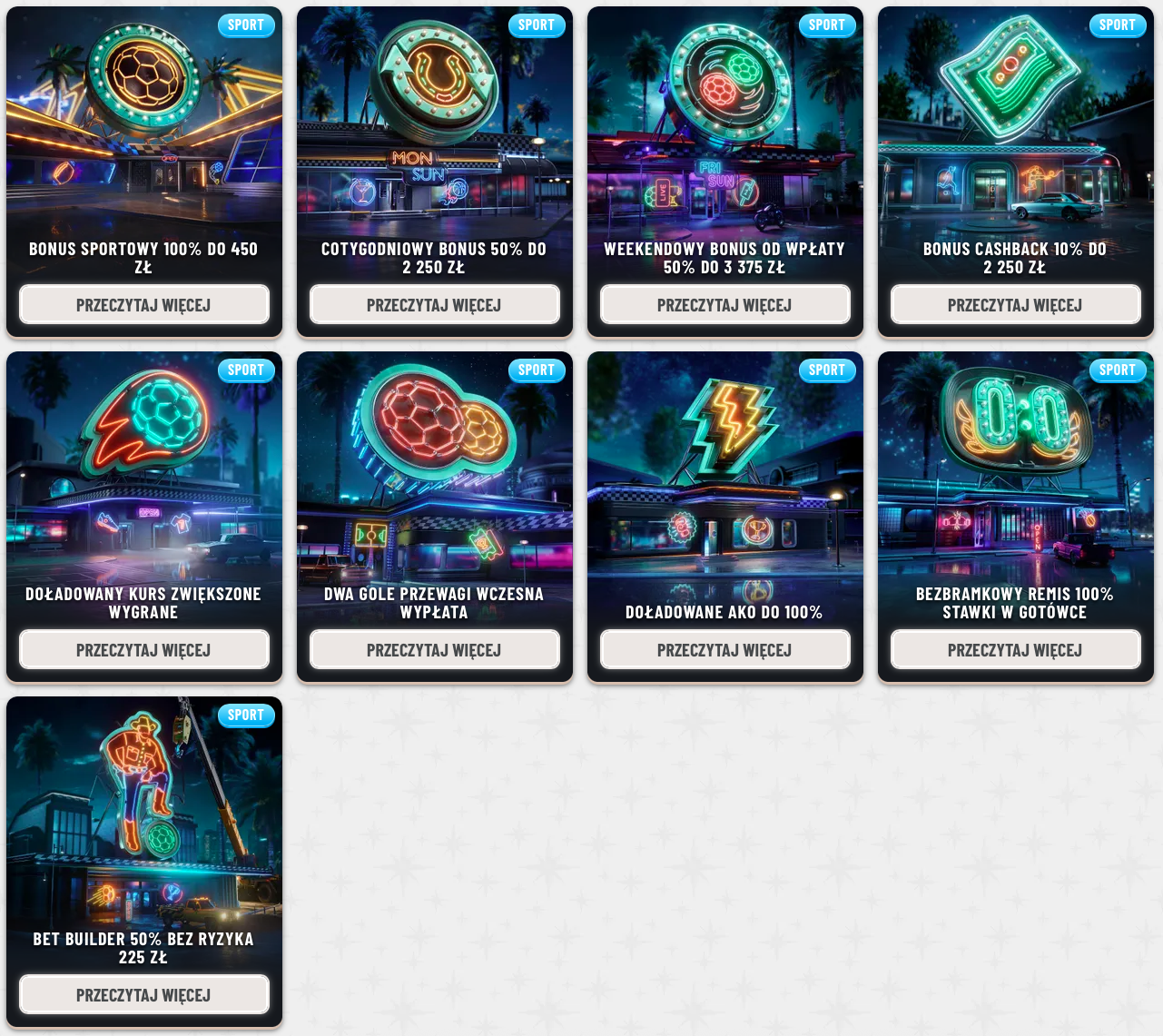 Oferta bonusów sportowych w kasynie WYNZ z promocjami takimi jak 100 % bonus sportowy do 450 zł, cotygodniowe bonusy, cashback, zakłady bez ryzyka i zwiększone kursy.