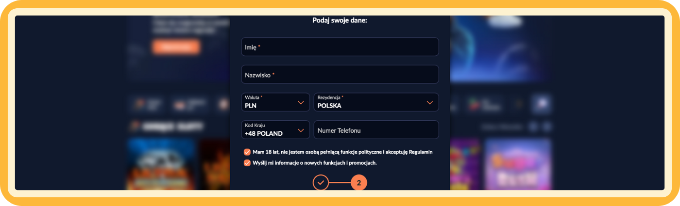 Krok 2 rejestracji w Bison Casino – podaj swoje dane osobowe i potwierdź, że masz ukończone 18 lat, aby bezpiecznie i odpowiedzialnie zakończyć proces tworzenia konta z pełną kontrolą nad informacjami.